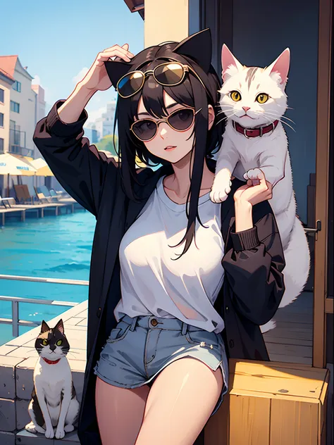 there is a woman with sunglasses and a cat on her shoulder