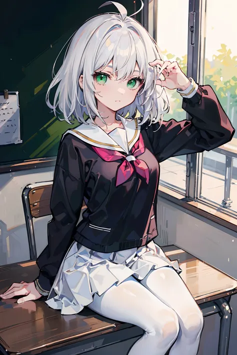 Masterpiece,Best quality,a beauty girl,Medium hair, White hair, ahoge, Green eyes, White pantyhose，school uniform