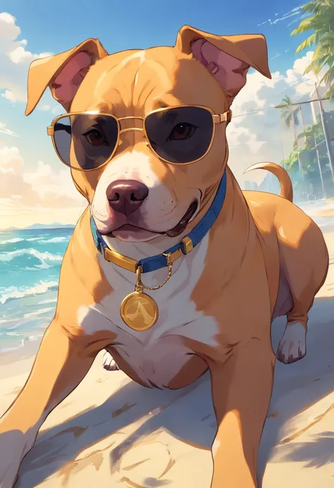 Pitbull dog with sunglasses, corrente de ouro, kalap