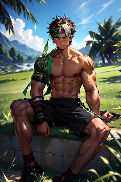 (Masterpiece, Best quality 12 year old boy，Shota), 1boys, Young,Muscular, Short hair, with brown eye, Intricate, Grass, full bodyesbian, Shirtless, Muscles sparkle in the sun,Black shorts,  green headband, Vivid colors,(Depth of field:1.2),(Abs),Blush, vie...