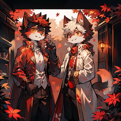 Two male red cats，Chinese trench coat，firmament，shoun，Single-image charts，Long red scarf，Maple leaves fall from the sky，Blood-red umbrella，amaryllis