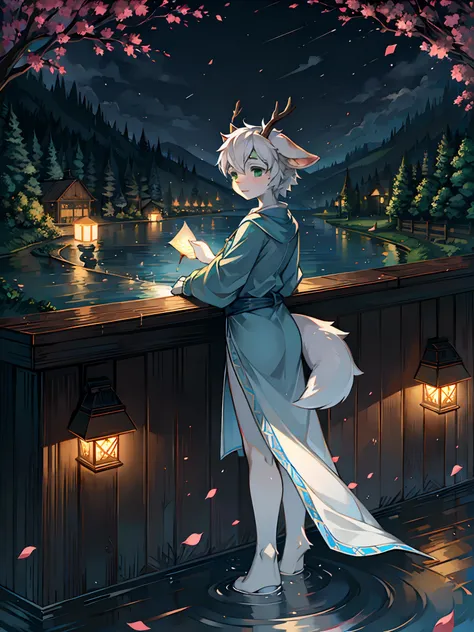 A white deer，long blue robes，Green eyes，deer antlers，River side，falling flower petals，It rained heavily，The tree，White petals，Lake Pavilion，Holding an umbrella，dark cloude，A sad look，veils，rainwater，Blue umbrella，White pear blossom tree，downpours，rain，hold...