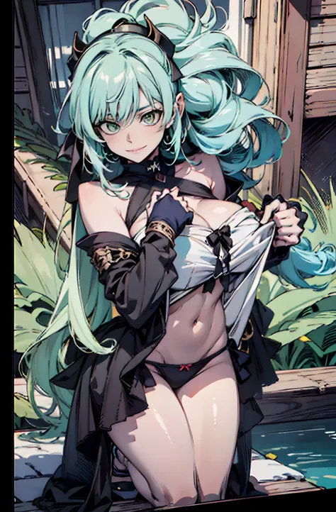 Pure sky，Plump legs，Green gem setting，Anime girl standing gracefully on the ground，Black cape and green hair, rogue anime girl, Anime girl standing, Wearing a cloak on the blasted plain, asuka suit under clothes!, Cyborg girl, badass posture, mechanic punk...