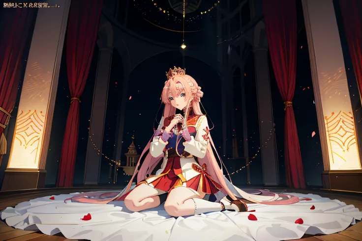 An anime character sits on the ground with a flower as the background, two beautiful anime girls, wearing short skirts, the queen and ruler of the universe, the flower prince crowned as the king, the king recites a hymn for the princess, an anime kangaroo,...