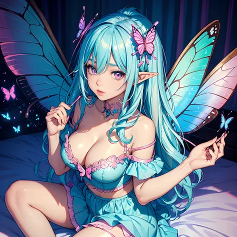 (((masterpiece, best quality))), (((thicker lines))), (((Sharp focus))), 1girl, (((fairy))), (((long pastel blue hair))), (long hair), (((flowercrown))), (((sparkling pink eyes))), ((slanted eyes)), (thick eyeliner), (eyeshadow), (((big boobs))), cleavage,...