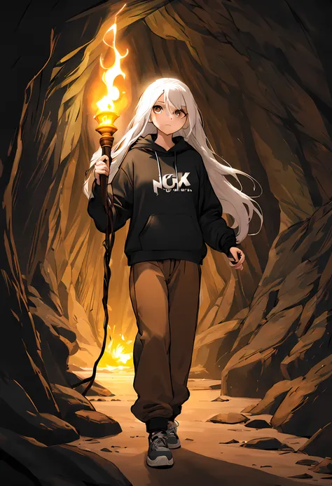 Girl, long white hair, in a black hoodie and brown sweatpants, with a torch in a cave, full length