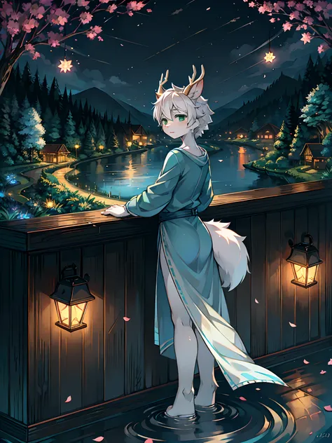 A white deer，long blue robes，Green eyes，deer antlers，River side，falling flower petals，It rained heavily，The tree，White petals，Lake Pavilion，Holding an umbrella，dark cloude，A sad look，veils，rainwater，Blue umbrella，White pear blossom tree，downpours，rain，Pape...