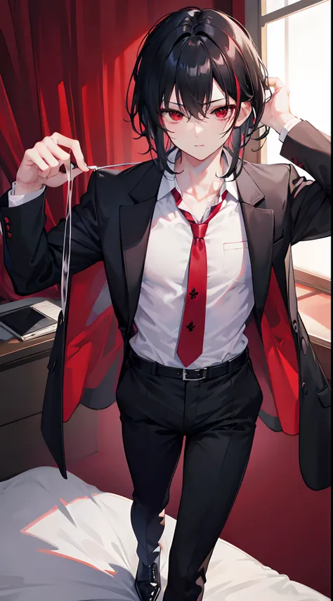 Red eyes black hair with suit on bed muscular boy