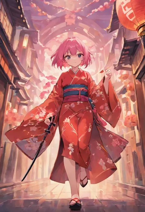 Girl with wolfcut hair and use kimono sakura. Color hair is pink white and she carry katana. Eye color is red and skin color is skinny. Black shoes, tall 160cm. Full body from hair to feet