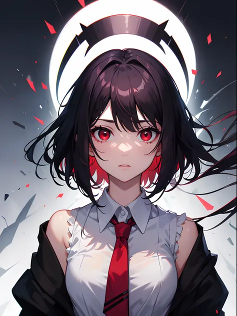 1 girl, close up face, shirt, tie, red eyes, black hairs, short hairs , ((portrait)), dark halo