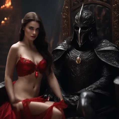 The Dark Lord Sauron on a throne of darkness with a little girl red bra an panties