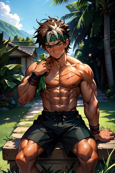 (Masterpiece, Best quality 12 year old boy，Shota), 1boys, Young,Muscular, Short hair, with brown eye, Intricate, Grass, full bodyesbian, Shirtless, Muscles sparkle in the sun,Black shorts,  green headband, Vivid colors,(Depth of field:1.2),(Abs),Blush, vie...