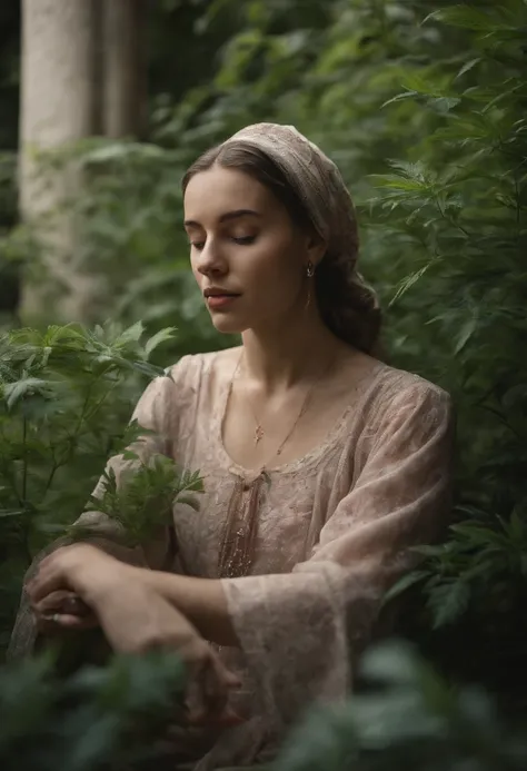 A serene young nun, surrounded by a lush garden, enjoys a quiet moment with her marijuana cigarettes, the smoke swirling around her in intricate patterns. the transparent habit shows her entire  body, big pink nipless