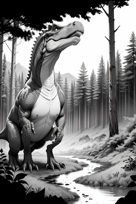 dinosaur coloring page in forest landscape in black and white to color only thick strokes with transparent background