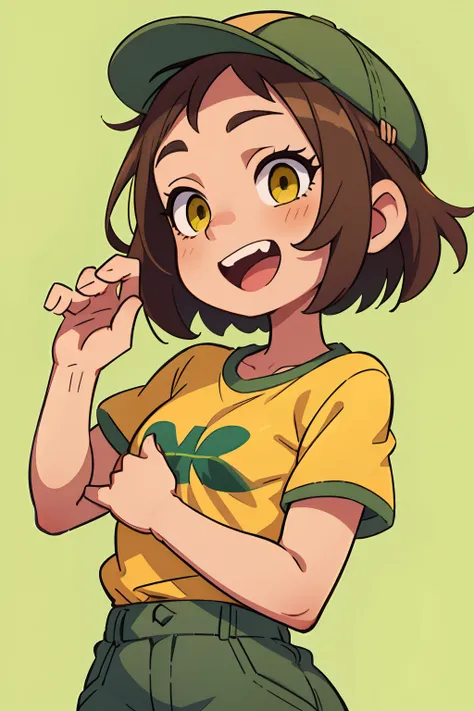 A  girl, short brown hair, yellow tshirt, peaked cap, green colored eyes, ssmile, opened mouth, Hands to the sides