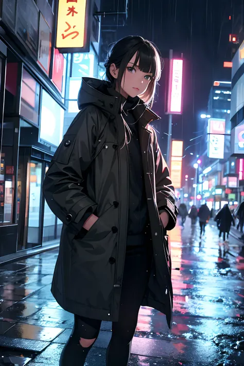 1girl, Night City, rain, coat, hands in pockets