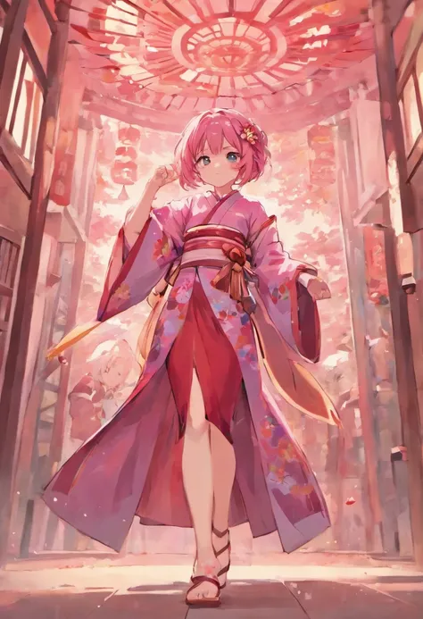 Girl with wolfcut hair and use kimono sakura. Color hair is pink. She carried katana. Eye color is red. Use sandal and tall 160cm. Full body from hair to feet. Age 17 years old