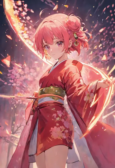 Girl with wolfcut hair and use kimono sakura. Color hair is pink. She carried katana. Eye color is red. Use sandal and tall 160cm. Full body from hair to feet. Age 17 years old