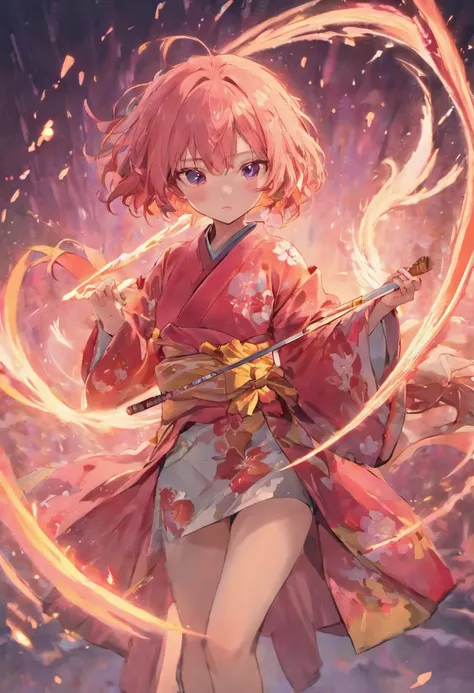 Girl with wolfcut hair and use kimono sakura. Color hair is pink white and she use long katana. Eye color is red and skin color is skinny. Black shoes, tall 160cm. Full body from hair to feet