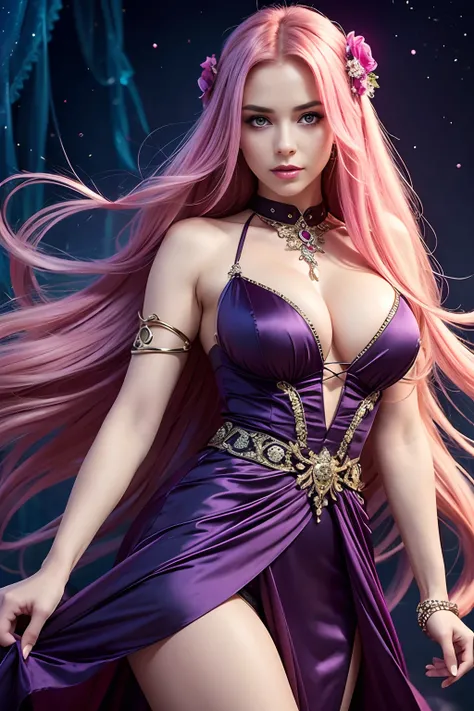 1girl, long hair, bright hair color, seductive eyes, busty, mysterious expression, mature appearance, charming dress, flowing dress, elegant jewelry, intricate decoration, magic symbols, glowing accessories, potions, scrolls, cute accents, bows, ribbons, f...