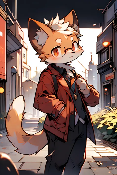 London in the twentieth century，Orange cat，Run alone，Light orange fur，offcial dress，Red eyes，wearing black glasses，Handsome（A masterpiece）（high qulity）（Clear structure）（Clear lines）（Background of extreme detail）（extremelydetailedcharacter）