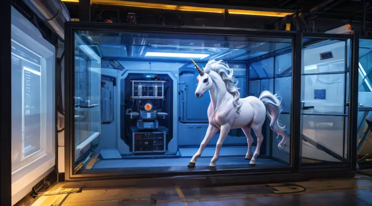 Generate an image of a unicorn in a containment chamber, surrounded by scientific instruments and guarded by military personnel.