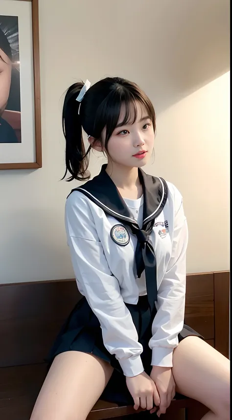 photoreali、photoRealstic　brunette color hair、hair straight、tit、Black eyes、Plump cheeks、Sixteen years old、Big high school girl、Suppin、Short hair tied up，Short ponytail hair，So that it is not exposed、Cute Baby Turtle、a sailor suit、Female Student、bow ribbon、s...