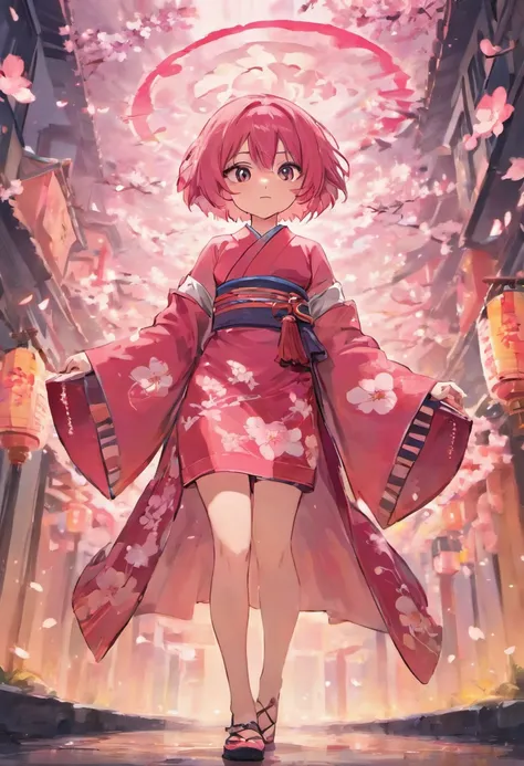 Girl with wolfcut hair and use kimono sakura. Color hair is pink white and she use katana sword. Eye color is red and skin color is skinny. Black shoes, tall 160cm. Full body from hair to feet