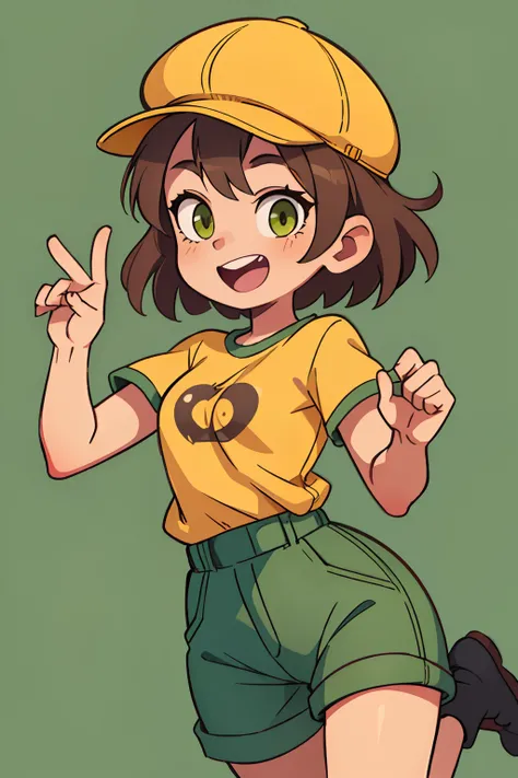 A  girl, short brown hair, yellow tshirt, peaked cap, green colored eyes, ssmile, opened mouth, Hands to the sides