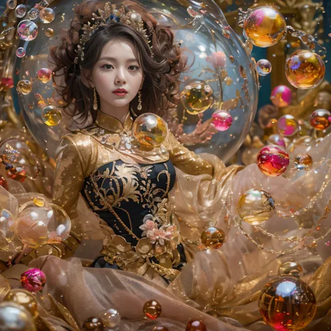 32K（tmasterpiece，k hd，hyper HD，32K）Curly hair with a ball tip，Flowing bubbles，ponds，zydink， a color， Asian people （water sphere）， （Colorful bubbles）， Combat posture， looking at the ground， Large rolls of rouge bubbles， Flowing rouge curls，Crystal tiara， Ch...