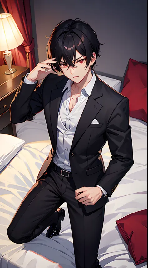 Red eyes black hair with suit on bed muscular boy