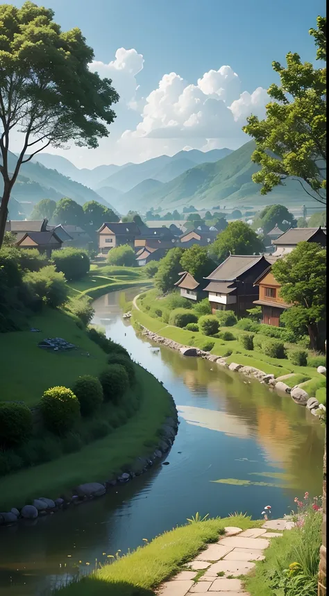 River and garden meadow in a small village in a Chinese hill