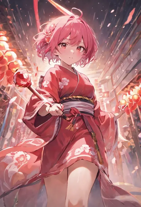 Girl with wolfcut hair and use kimono sakura. Color hair is pink white and she use big katana sword. Eye color is red and skin color is skinny. Black shoes, tall 160cm. Full body from hair to feet