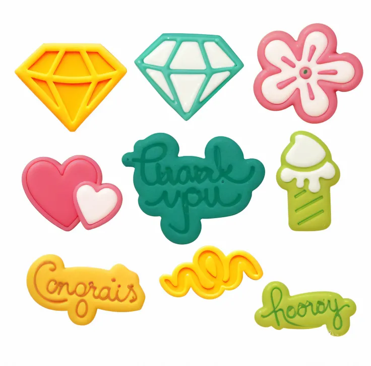 Close-up of a bunch of cookie cutters of different designs, candy decorations, Pop pattern, diecut, cutie mark, silicone patch design, super detail of each object, flower power motifs, stickers illustrations, stickers illustrations, Cute, jewely, Diamond, ...