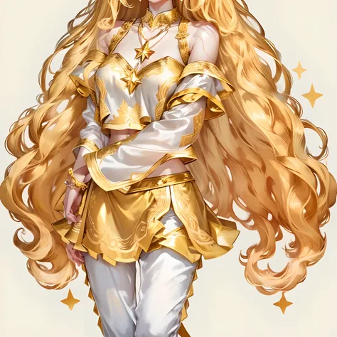 character concept art, white background, full body, semi-realistic, 1 girl, long wavy golden hair, yellow long-sleeved top, exposed shoulders, golden necklace with star pendant, golden fabric skirt, white pants, 17 years old, extremely beautiful, pose eleg...