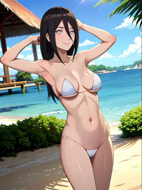 Hyuuga Hanabi, beach, naked, no clothes, smile, arm up, nude