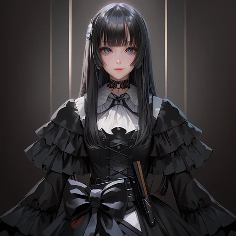 Anime girl with long hair and black dress with bow, girls frontline style, Fine details, Black hair and white inner color, light bule eyes, Iris iris, Gothic Maiden anime girl, girls frontline cg, portrait gapmoe yandere grimdark, portrait of Lolita, girls...