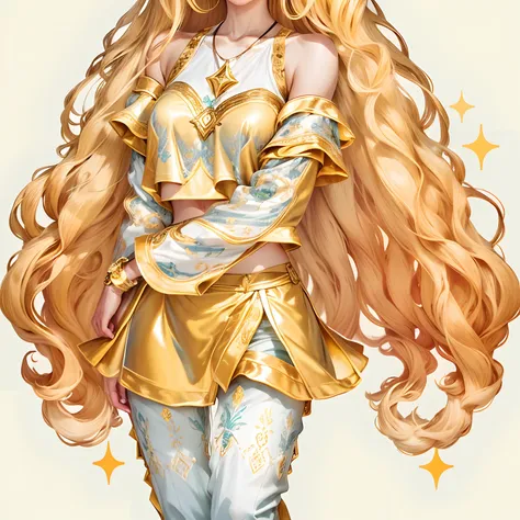 arte conceitual do personagem, fundo branco, corpo inteiro, semi-realista, 1 girl, longos cabelos dourados ondulados, top amarelo de manga comprida, ombros expostos, Colar dourado com pingente estrela, saia de tecido dourado, white pant, 17 anos, extremame...