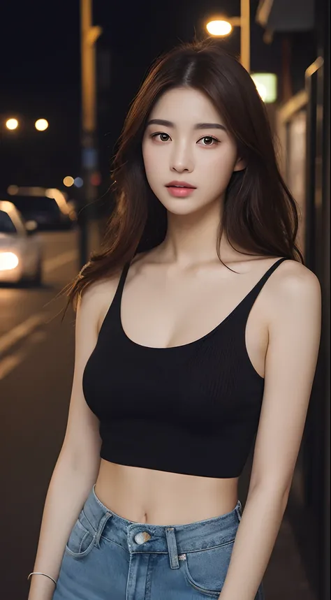 ((photorealistic lighting, Top  Quality, 8K, ​masterpiece: 1.3)), Clear Focus: 1.2, 1Girl, Perfect Figure: 1.4, Slim Abs: 1.1, ((Dark-brown hair)), (white crop top: 1.4), (plein air, nighttime: 1.1), City streets, Ultra-fine face, Fair eyes, Double eyelidd...