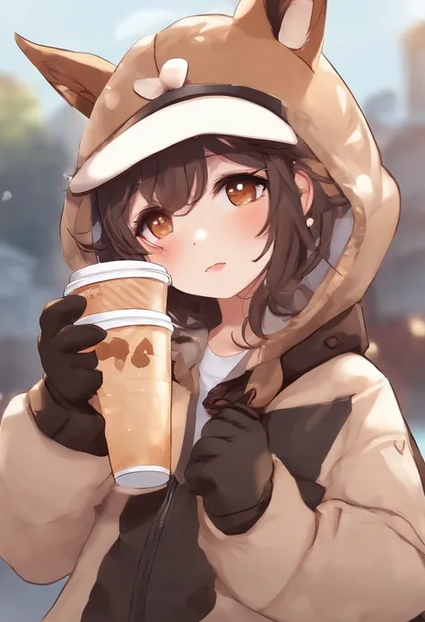 Memphis,1girl in, Big eyes,Solo, Jacket, Animal ears, gloves, tail, Upper body,  hat, Holding, Brown hair, Open jacket, drinking straw, Black Gloves, Open your clothes, Long hair, pointy ear,  Black jacket, Bubble tea, Brown eyes, Looking at Viewer, Shirt,...