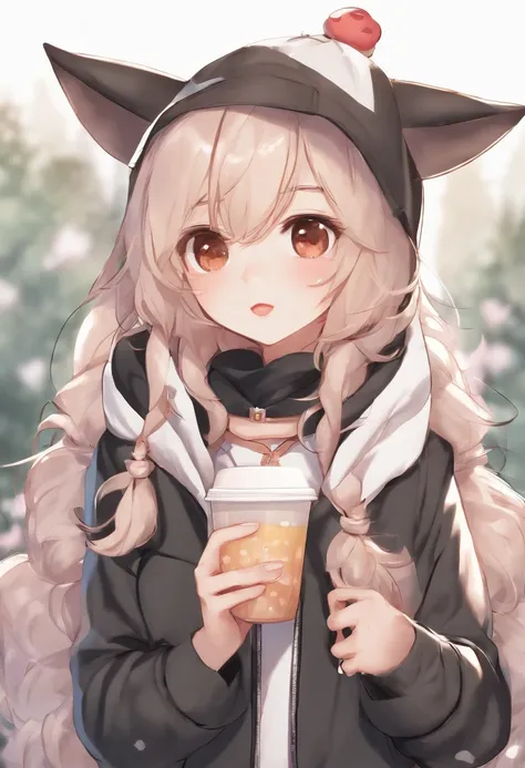 Memphis,1girl in, Big eyes,Solo, Jacket, Animal ears, gloves, tail, Upper body,  hat, Holding, Brown hair, Open jacket, drinking straw, Black Gloves, Open your clothes, Long hair, pointy ear,  Black jacket, Bubble tea, Brown eyes, Looking at Viewer, Shirt,...