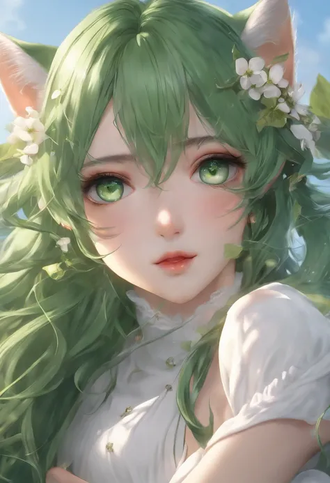 (Best Quality,4k,8K,hight resolution,Masterpiece:1.2),Ultra-detailed,(Realistic,Photorealistic,photo-realistic:1.37), green hair, Heterochromia of the eyes, Nekos Girl, covering his bare chest with his hand, Erotic, green hair, fluttering in the wind, beau...