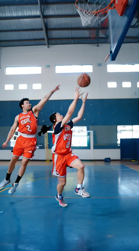 there are two people playing basketball in a gym with a basketball net, action shot, shot on nikon d 3 2 0 0, playing basketball, wide portrait, shot with canon eoa 6 d mark ii, shot on nikon z9, wearing basketball jersey, basketball, flying shot, shot on ...