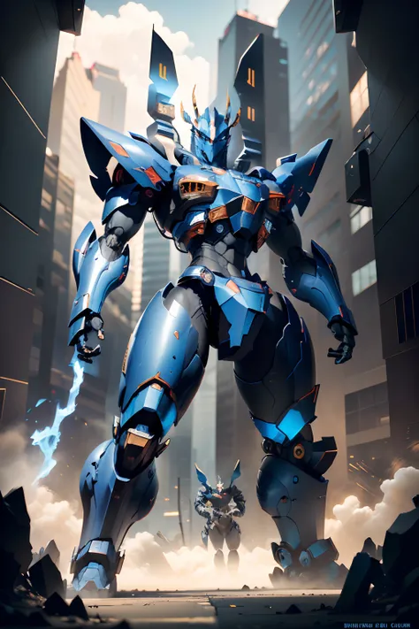 Blue mecha， resembling King Ghidorah.