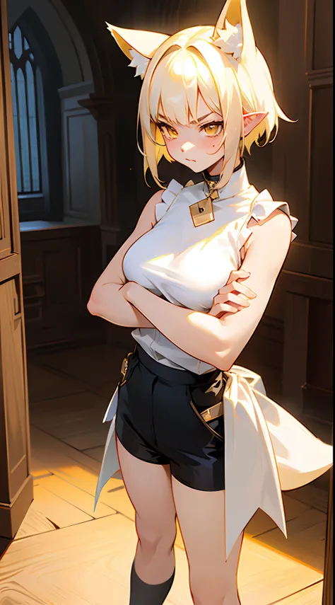 masterpiece, best quality, teen girl, cute face, yellow eyes, normal breast, white shirt, sleeveless, black shorts ,short hair, platinum blonde hair, pointy ears,fox ears,serious,(standing in a room in castle),crossed arms