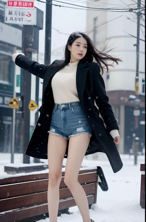 A Japanese Lady、beauitful face、二重まぶた、Longhaire、voluminous hair、Black coat、Micro shorts、hotpants、beauty legs、landing、tall、Raw feet、Height 175 cm、Black pin heels、landing、Oyuki、snow blowing、snow cover、heavy wind、Snowstorm is not visible ahead、Hair fluttering ...