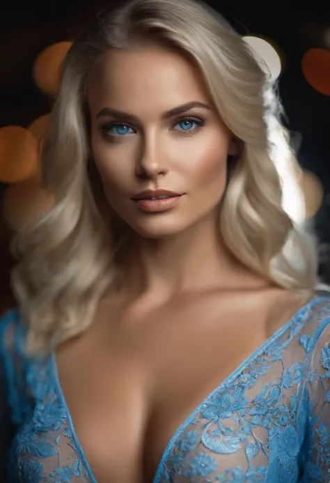 a close up of a woman with a medium size breast, perfect face model, at the club, clothed, blonde, fit body, silk skin, blue eyes, perfect face, attractive facial features