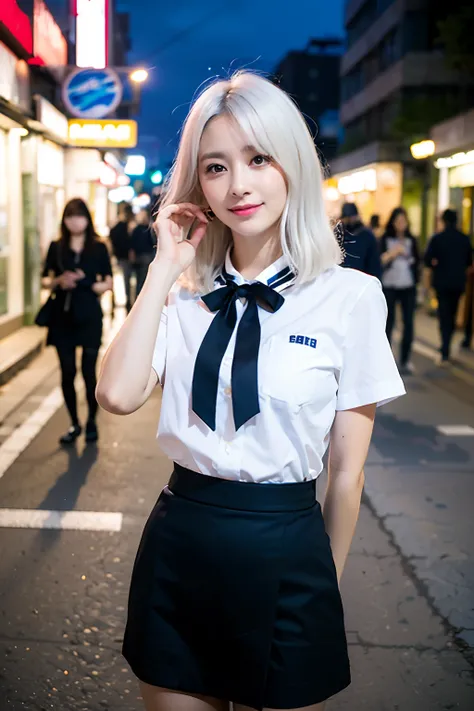 (8k, RAW photo, best quality, mastery:1.3),(realistic,photo-realistic:1.37),(night),(looking viewer:1.331),(white hair),posing,Tokyo street,nightcityscape,cyberpunk city,soft light, 1girl, extremely beautiful face, perfect body proportions, focal length, b...