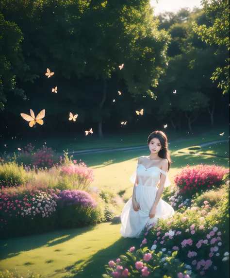 1girl, solo, full body, (masterpiece:1.21), (best quality:1.2), colorful, (illustration:1.2), (cinematic lighting:1.1), (bare shoulders:1.21), (collarbone:1.21) in this whimsical A beautiful and dreamlike garden, the scene is illuminated by a rainbow (colo...