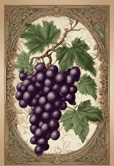 (best quality, masterpiece:1.2), high-resolution, simple background, detailed ink drawing, engraving style, intricate grape and leaves pattern with medieval motif